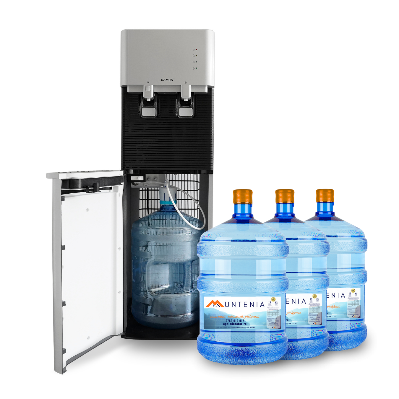Pachet MUNTENIA cu 5 bidoane de 19 litri și dozator pentru birou sau familie numeroasă Pachet MUNTENIA cu 5 bidoane de 19 litri și dozator pentru birou sau familie numeroasă