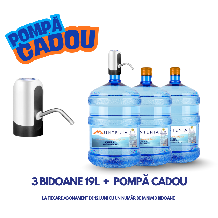 Pachet cu 3 bidoane 19L de apă plată MUNTENIA + pompă ELECTRICĂ cadou 🎁. Livrare rapidă în București și Ilfov! 💧 Pachet cu 3 bidoane 19L de apă plată MUNTENIA + pompă ELECTRICĂ cadou 🎁. Livrare rapidă în București și Ilfov! 💧